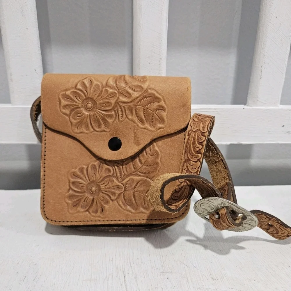 Handmade Embossed Floral Tan Leather Children's Mini Bag